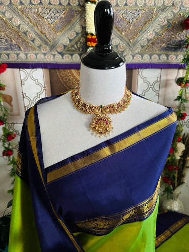 Kanchipuram Pure Silk Pure Zari Korvai Saree | Purple & Chartreuse | Contrast Border | Handwoven | Ships from California
